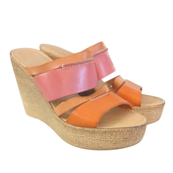 Sotta Sopra Pink and Orange Leather Platform Wedge Sandals Size 7 - Picture 11 of 11